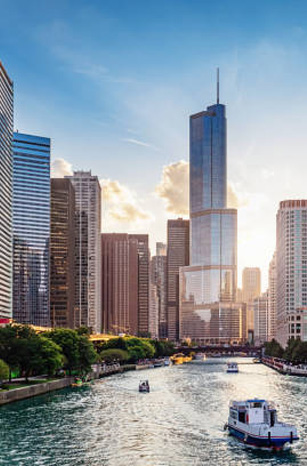 Chicago River and skyline at sunset